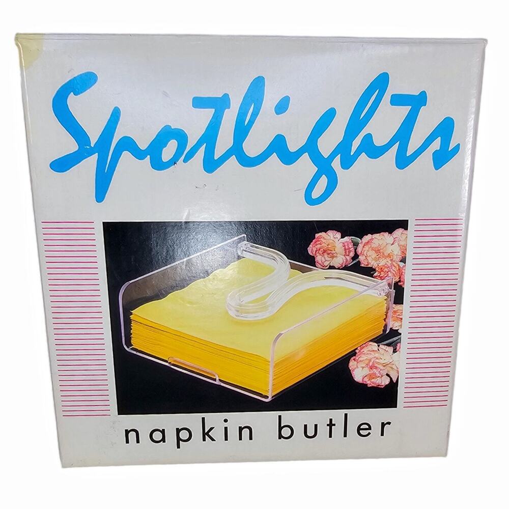 Vintage Clear Lucite Napkin Holder Weighted Arm Acrylic Square MCM Retro 7x7